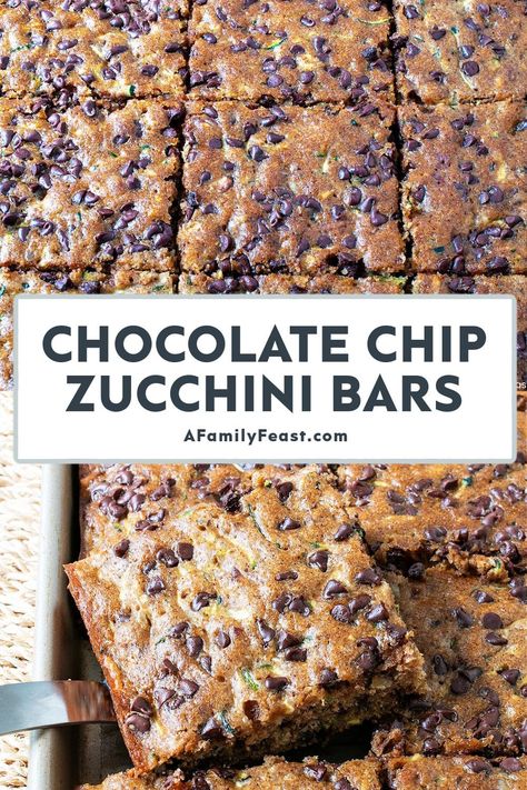 Chocolate Chip Zucchini Bars - A Family Feast Zucchini Baked Goods, Chocolate Zucchini Bars, Zucchini Squares, Zucchini Squash Recipes, Family Feast Recipes, Easy Bars, Zucchini And Summer Squash, Zucchini Bars, Zucchini Recipes Dessert