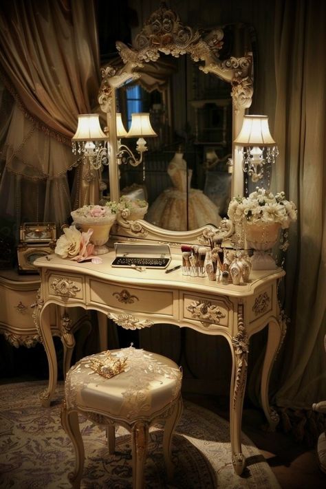 Vintage Makeup Room, Vintage Vanity Ideas Bedroom, Bedroom Vanity Ideas Makeup Desk, Descendants Bedroom, Bedroom Vanity Ideas, Vintage Makeup Vanity, Princess Vanity, Vintage Vanities, Vintage Vanity Decor