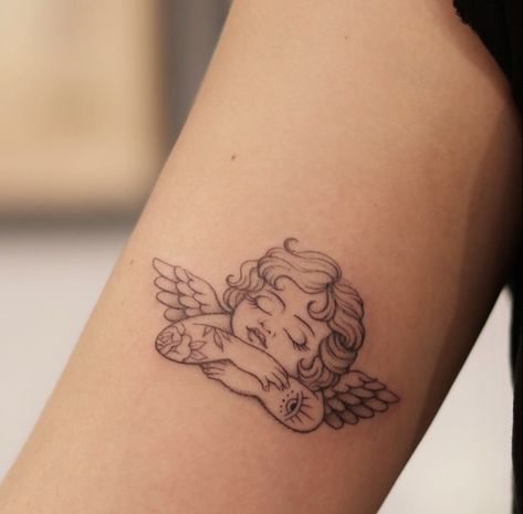 Angle Tattoo, Cupid Tattoo, Cherub Tattoo, Elbow Tattoos, Kawaii Tattoo, Angel Tattoo Designs, Jesus Love, Shoulder Tattoos For Women, Tattoo Style Drawings