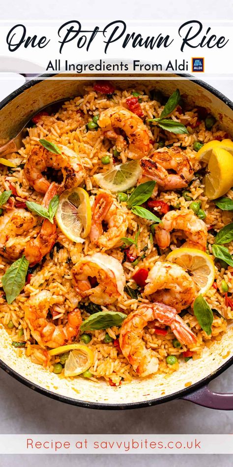 Easy one-pot Spanish style prawns/ shrimp and rice is the perfect 30-minute dinner. It's healthy, easy and very budget-friendly. Garlic and Tomato Shrimp with Lemon and basil Rice Recipe - #shrimp #rice #Aldirecipes #Budget #recipe - Super nourishing and easy to whip up, this shrimp recipe with rice is a winner! - #recipe by #savvybites Seafood Rice Dishes, Prawns Healthy Recipes, Healthy Dinner Fish Recipes, Shrimp Rice Vegetables, Prawns Dinner Recipes, Prawn And Vegetable Recipes, One Pan Shrimp And Rice, Easy Recipes Shrimp, Shrimp And Scallops With Rice