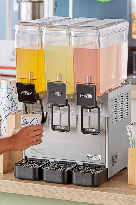 Person using refrigerated beverage dispenser to fill cup. Meeting Catering, Business Ideas For Ladies, Concession Stand Food, Drink Dispenser Stand, Restaurant Kitchen Equipment, Gerobak Dorong, Beautiful Pantry, Buffet Table Decor, Juice Dispenser