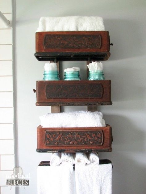 Drawers Repurposed, Sewing Machine Drawers, Sewing Machine Tables, Farmhouse Bathroom Remodel, Sewing Machine Cabinet, Sewing Machine Table, Treadle Sewing Machines, Bathroom Farmhouse Style, Old Sewing Machines