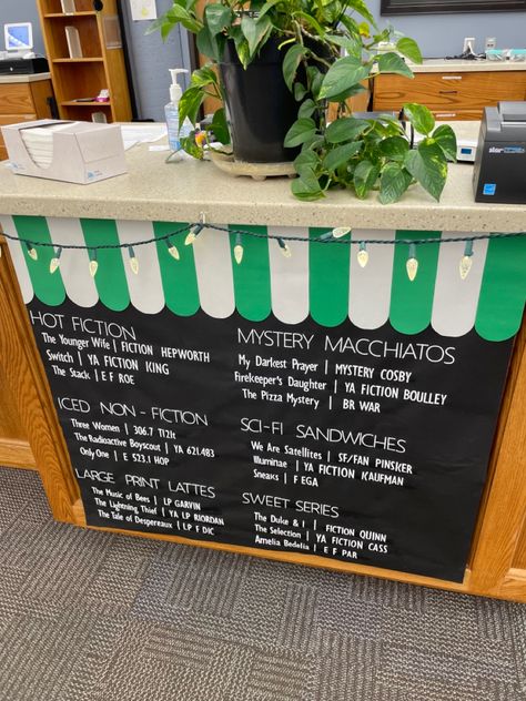 Starbucks Themed Library, Starbooks Classroom Theme, Bookstore Classroom Theme, Classroom Coffee Shop, Reading Cafe In Classroom, Classroom Cafe Theme, Book Tasting Middle School, Coffee Shop Classroom Decor, Starbucks Classroom Transformation