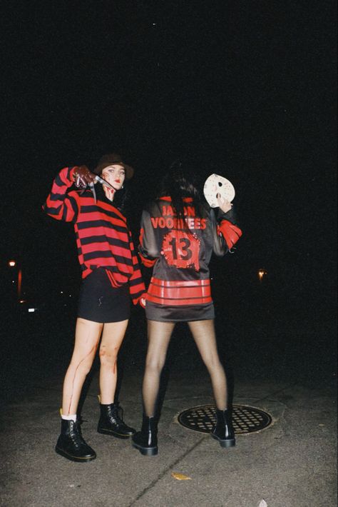 Freddy And Jason Costume Women, Freddy And Jason Costume, Duo Halloween Costumes Scary, Freddy Krueger Costume Women, Jason And Freddy, Jason Halloween Costume, Freddy And Jason, Freddie Kruger, Two Person Halloween Costumes