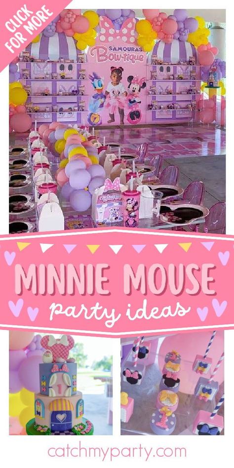 Don't miss this cute Minnie Mouse Boutique 1st birthday party! The cake is a work of art! See more party ideas and share yours at CatchMyParty.com Minnie Mouse Birthday Party Table Decor, Minnie Mouse Boutique Birthday Party Ideas, Minnie Bowtique Birthday Party, Minnie's Boutique Birthday, Minnie Mouse Outdoor Party Ideas, Minnie’s Boutique Party, Outdoor Minnie Mouse Birthday Party, Minnie Bowtique Cake, Minnie’s Bowtique Party