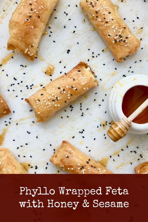 Phyllo Feta Honey, Feta In Phyllo With Honey, Baked Feta In Phyllo, Phyllo Wrapped Feta, Crispy Phyllo Wrapped Baked Feta With Honey, Feta Phyllo Honey, Greek Tapas Recipes, Greek Phyllo Recipes, Baked Feta In Phyllo With Honey