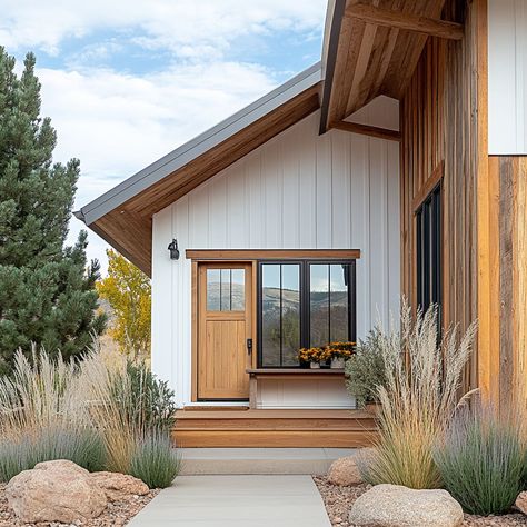 White House Black Trim Cedar Accents, Modern Curtain Ideas, Modern Farmhouse Barndominium, Stained Front Door, Bright Farmhouse, Board And Batten Exterior, Natural Wood Accents, White Siding, Elegant Farmhouse