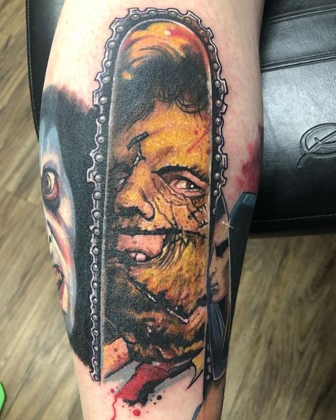 Leatherface Chainsaw Tattoo, Jigsaw Horror Tattoo, Horror Tattoo Filler, Leatherface Tattoo Ideas, Texas Chainsaw Mascara Tattoo, Scary Movie Tattoos Sleeve, Leather Face Tattoo, Texas Chainsaw Tattoo, Leatherface Tattoo