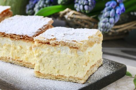 29 Delicious Croatian Desserts, Cakes & Sweets To Try | Chasing the Donkey Vanilla Slice Recipe, Vanilla Slice, Custard Slice, Easy Vanilla Cake Recipe, Custard Desserts, Custard Cake, Custard Recipes, Croatian Recipes, Slices Recipes