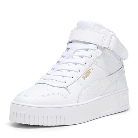 Womens Puma Sneakers, White Puma Shoes, Casual Everyday Outfits, Puma Shoes Women, Puma High Tops, White Puma Sneakers, Shoes Png, Puma Carina, Gold Sneakers