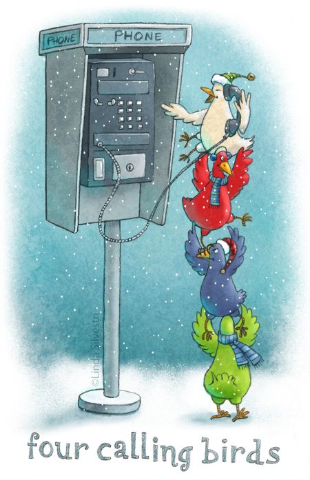 Since neither ATT, T-Mobile nor Verizon will give cell phone plans to birds, our fine feathered friends must resort to the few pay-phones there are left.  TheDoodleDiner - Linda Silvestri Funny 12 Days Of Christmas, Four Calling Birds, Winter Humor, 12 Days Of Xmas, Winter Cartoon, Christmas Comics, Christmas Memes, Christmas Jokes, Twelve Days Of Christmas