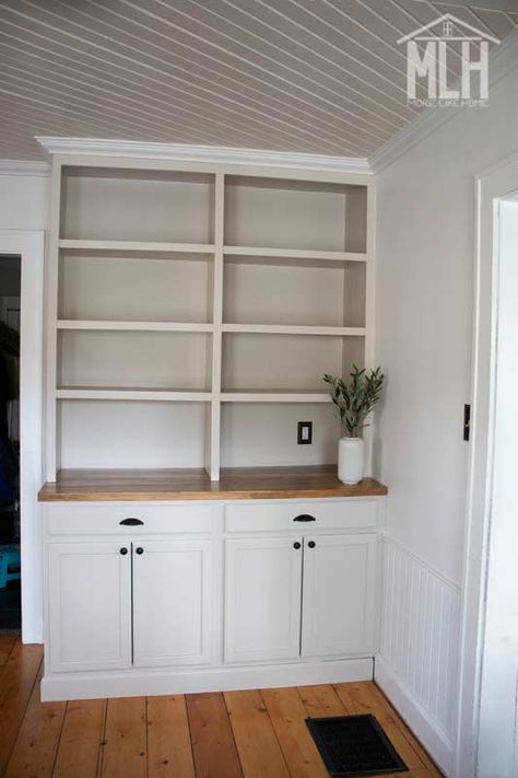 Small Wall Built Ins, Hallway Cabinets Built In, Bookshelves In Kitchen, Diy Built In Entertainment Center, Cabinets With Open Shelving, Paint Storage Diy, Living Room Built In Cabinets, Hallway Cabinets, Cabinet Entertainment Center