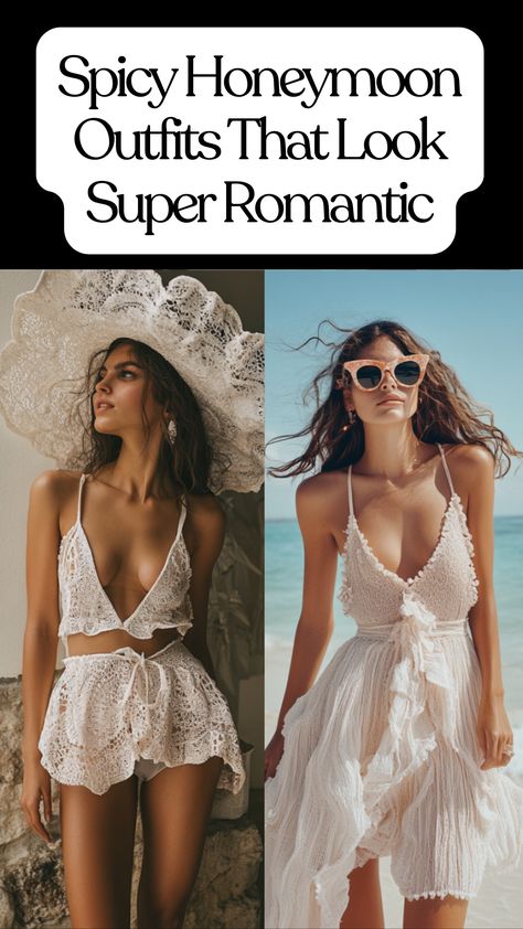 Spicy honeymoon outfits featuring romantic lingerie, flirty dresses, and chic beachwear, perfect for a post-wedding getaway. Honey Moon Outfit, Romantic Honeymoon Outfits, Honeymoon Travel Outfit, Honeymoon Dress To Impress, Honeymoon Outfits Night, Honeymoon Outfit Ideas, Chic Beachwear, Honeymoon Clothes, Honeymoon Wardrobe