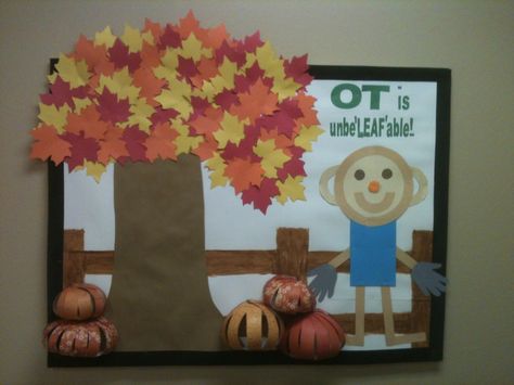 This is awesome!!!!! Occupational therapy fall bulletin board. Repined by tools to grow K5 Activities, Door Classroom, Elementary Bulletin Boards, Fall Bulletin Board, Mat Man, Occupational Therapy Kids, Autumn Leaves Craft, Fall Bulletin Boards, Fine Motor Activities For Kids