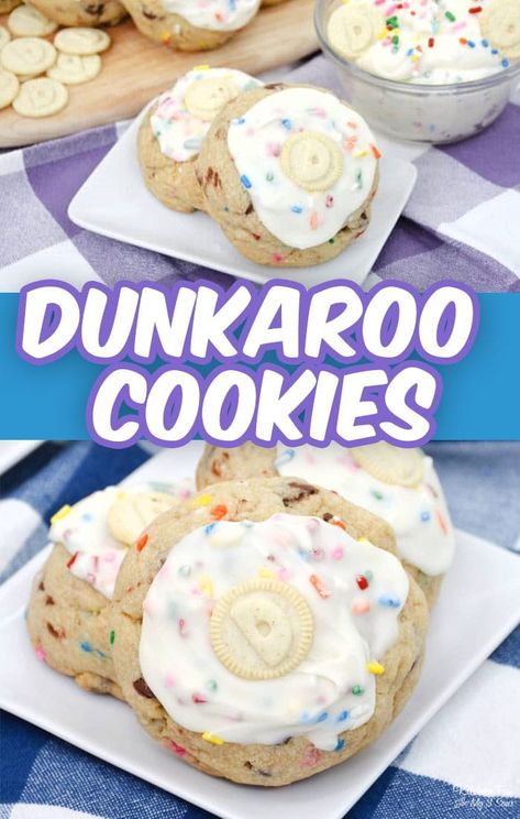 Dunkaroo Cookies are homemade sprinkle cookies inspired by the old childhood classic, Dunkaroo Dip. Make these for a birthday or for a fun sweet treat. #dessert #recipes #cookies Dunkaroo Cookies, Dunkaroo Dip, Crumble Cookie Recipe, Dessert Recipes Cookies, Frosted Cookies, Dipped Cookies, Recipes Cookies, Healthy Food Facts, Gourmet Cookies