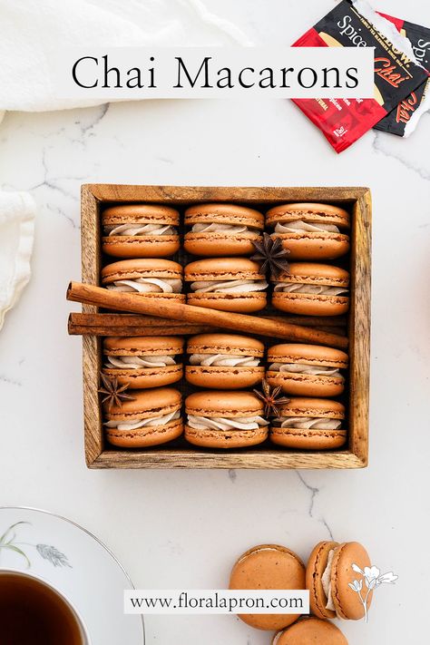 A dozen chai macarons in a wooden box with cinnamon sticks and star anise. Chai Tea Macarons, Chai Macarons, Tea Macarons, Cardamom Recipe, Spiced Buttercream, Chai Lover, French Macaron, Buttercream Filling, Vanilla Chai