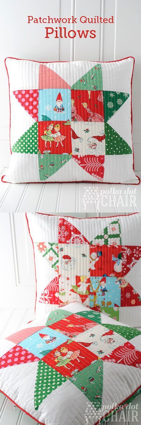 Tutorial for Christmas Patchwork "Star Block" Pillows made from "vintage" Christmas fabrics Quilted Cushions, Modern Christmas Quilt, Tips Menjahit, Patchwork Pillows, Quilted Star, Quilted Pillows, Star Pillow, Polka Dot Chair, Christmas Patchwork