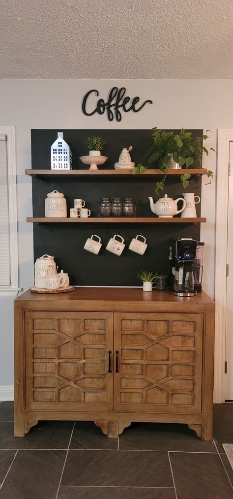 Coffee Bar Ideas Dark Wood, Coffee Bar With Chalkboard Wall, Chalkboard Coffee Bar, Chalkboard Wall Coffee Bar, Accent Wall Kitchen Coffee Bar, Cozy Coffee Bar, Coffee Bar Boho Style, Painted Arch Wall Coffee Bar, Console Coffee Bar