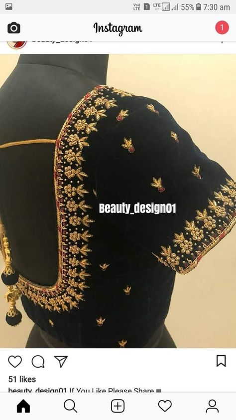 Velvet Blouse Aari Work Design, Simple Aari Work Blouse Design For Pattu Saree With Border, Velvet Blouse Work Designs, Velvet Blouse Design, Magam Work Designs, Maggam Blouses, Magam Work, Black Velvet Blouse, Blouse Works