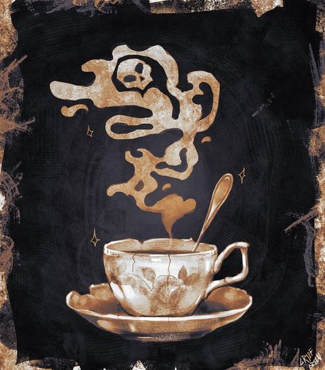 ✦ 𝔊𝔯𝔦𝔢𝔣𝔤𝔯𝔢𝔢𝔫 ✦ on Instagram: “Day 4: Poison ☠ #mabsdrawlloweenclub ° #art #artist #vintage #illustration #illustrator #dark #steampunk #bioshock #tea #poison #witch…” Poisoned Tea Aesthetic, Poison Tea Aesthetic, Black Poison Aesthetic, Dark Skeleton Art, Poison Tea Cup Tattoo, A Magic Steeped In Poison Aesthetic, A Magic Steeped In Poison Fanart, Witch Illustration Vintage, Dark Steampunk Art