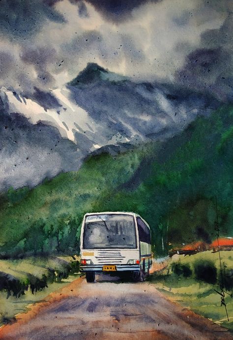 Kerala Scenery Painting, Kerala Landscape Acrylic Painting, Kerala Watercolor Paintings, Watercolor Paintings Scenery Beautiful, Water Colour Painting Easy Landscape, Watercolor Art Landscape Village, Watercolour Painting Landscape Nature, Water Colour Landscape Watercolour, Watercolour Scenery Painting