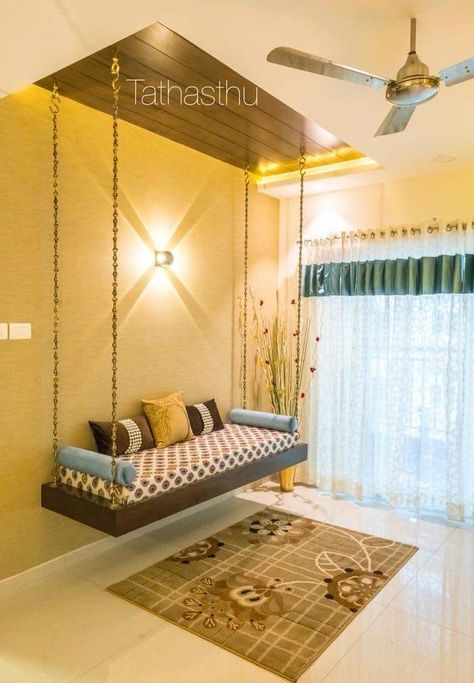 Wooden ledges above swing Swing In Living Room, Indian Room Decor, Swing Bed, Indian Home Design, Luxury Living Room Design, Living Room Partition Design, Living Room Sofa Design, Furniture Design Living Room, Bedroom Decor Design