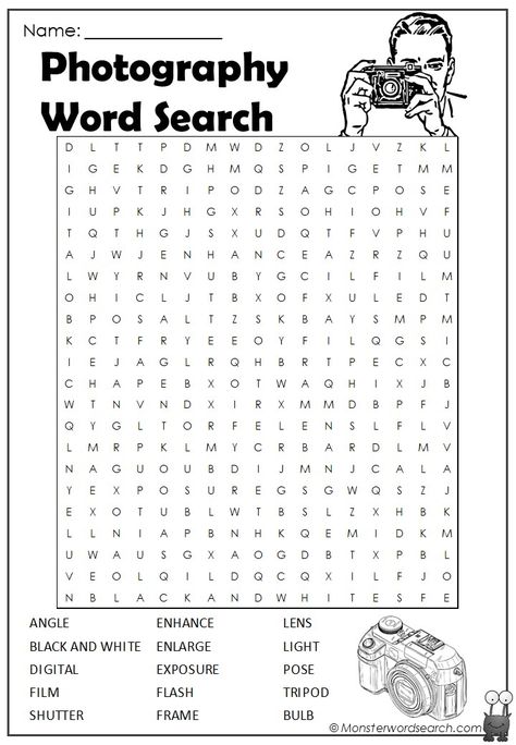 Photography Worksheets, Photography Curriculum, Yearbook Club, Printable Crossword Puzzles, Free Printable Word Searches, Photographer Video, Photo Lessons, Photography Club, Word Search Puzzles