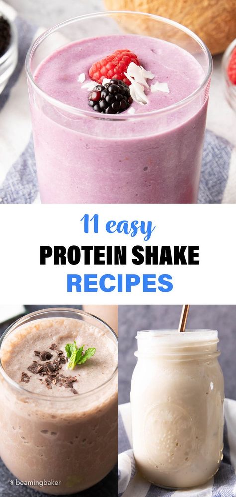 11 Protein Shake Recipes from Beaming Baker. Here is my favorite protein shake recipe + 11 different flavors of protein shakes you can make with it! Iso100 Protein Shake Recipes, Vanilla Protein Shake Recipes, Simple Protein Shake Recipes, Protein Powder Recipes Shakes, Bariatric Protein, Beaming Baker, Easy Protein Shakes, Best Vegan Protein Powder, Best Whey Protein Powder