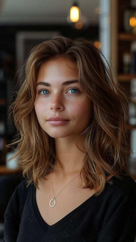 Layered Luxury: 23 Haircuts for Round Faces to Look Slimmer Shoulder Length Hair With Subtle Layers, Subtle Wolf Cut Hair Medium, Long Layered Haircuts For Round Faces, Haïr Cut Medium Hair Layers 2024, Haircuts That Slim Your Face, Haircut Ideas For Medium Hair Round Face, Haircut Round Face Medium, Mid Length Hair Round Face, Clavicle Length Hair