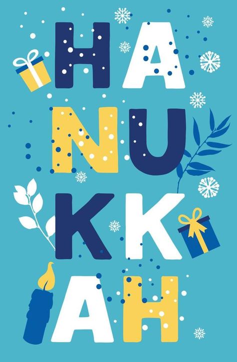 Jewish holiday Hanukkah greeting card traditional Chanukah symbols - candles, gift, illustration on blue, letters,headline. Happy Hannukah Image, Hanukkah Doodles, Hanukkah Symbols, Happy Hannukah, Recycle Sign, Fathers Day Banner, Hanukkah Greeting, Gift Illustration, Vector Doodle