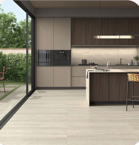 Concrete Tiles Kitchen, Warm Grey Kitchen, Grey Tile Kitchen Floor, Grey Kitchen Interior, Brown Cupboards, Grey Kitchen Tiles, Taupe Kitchen, Grey Kitchen Floor, Grey Floor