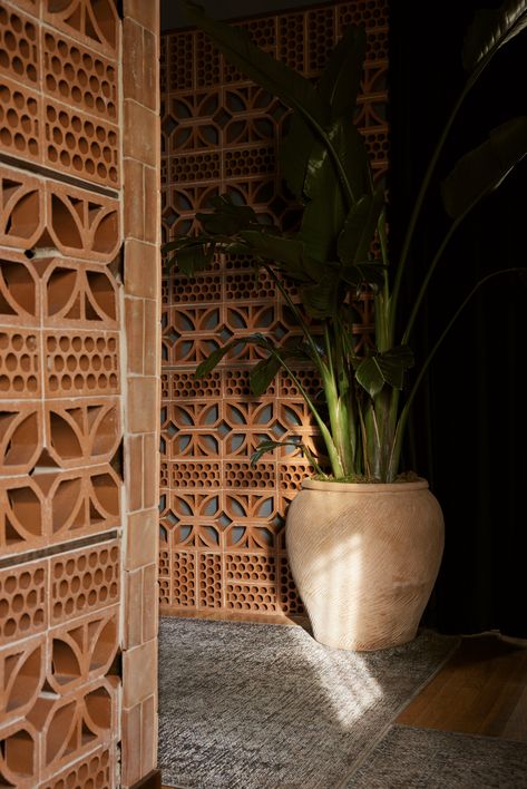 Teracotta screen wall - Design by @adeanstudios Terracotta brick, Teracotta Screen, Screen wall, Bird of Paradise. Terracotta Brick, Breeze Block Wall, Bedroom Wall Decor Ideas, Screen Wall, Breeze Blocks, Hacienda Style, Bird Of Paradise, Cozy Place, Bedroom Wall Decor