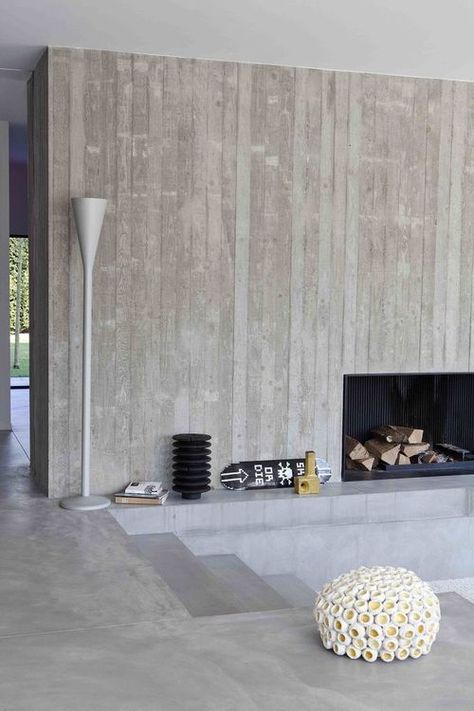 vertical board-formed concrete at minimalist fireplace // Hart Concrete Design: Modern Wall Texture, Sunken Lounge, Concrete Interiors, Concrete Houses, Concrete Fireplace, Wall Texture Design, Modern Interior Decor, Contemporary Fireplace, Fireplace Remodel