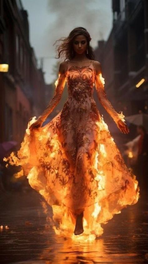 Woman In Flames Art, Fire Inspired Dress, Dress On Fire, Woman On Fire, Fierce Aesthetic, Strength Art, Flame Dress, Fire Woman, Fire Dress