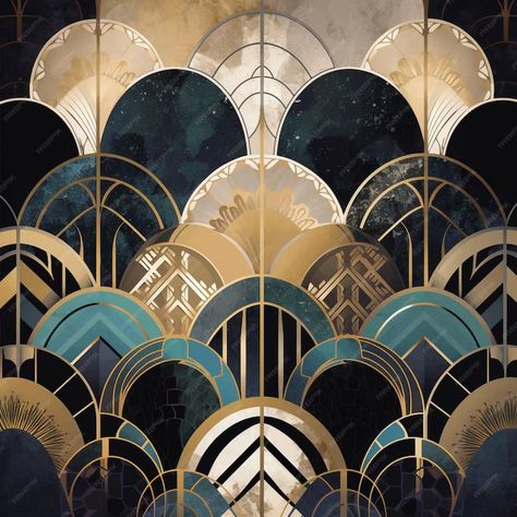 Premium Photo | An art deco wallpaper with a gold and blue design. 1920s Patterns, 1920s Art Deco Pattern, Art Deco Design Pattern, Modern Art Deco Design, Art Deco Colors, Art Deco Design Graphics, Art Deco Motifs, Art Deco Aesthetic, Art Deco Prints