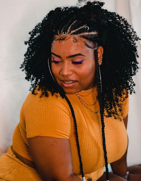 Braids In The Front Afro In The Back, Braids In Front Afro In Back, Simple Fulani Braids With Natural Hair, Fulani Afro, Half Braided Hairstyles Natural Hair, Braids And Afro, Braids In The Front Natural Hair, Puffy Hair, Cabello Afro Natural