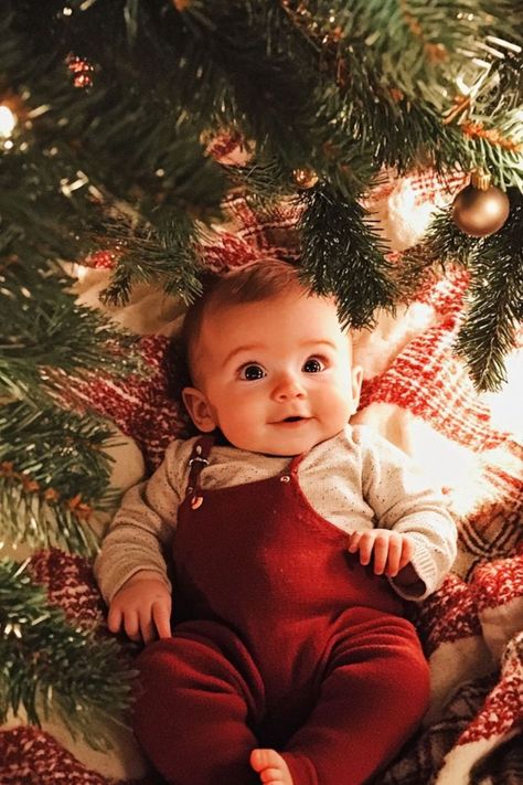 Babys first christmas photo ideas with a baby in a Christmas present box in front of the tree Christmas Card With Baby, First Christmas Photo Ideas, Cozy Setup, Christmas Photo Ideas, Christmas Baby Pictures, Christmas Family Photoshoot, Baby Milestones Pictures, Baby Christmas Photos, First Christmas Photos