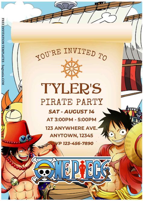 Nice (Free Editable PDF) Luffy & Nakama One Piece Birthday Invitation Templates #free #freeinvitation2019 #birthday #disney #invitations #invitationtemplates One Piece Birthday Invitation, One Piece Birthday, Game Of Thrones Birthday, One Piece Birthdays, Editable Birthday Cards, One Piece Theme, Childhood Dream, Custom Birthday Invitations, Free Printable Birthday Invitations