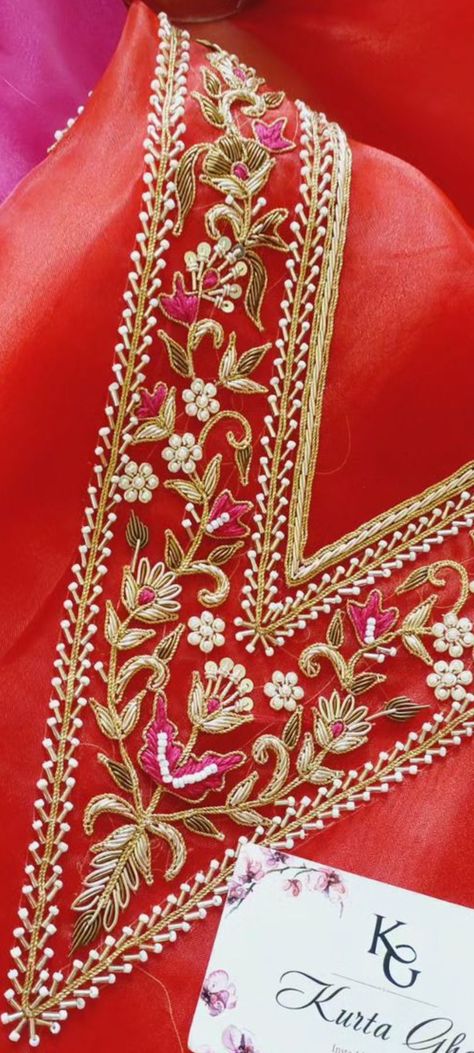 Heavy Sleeves Embroidery, Suit Neck Embroidery Designs, Khatli Work Blouse Design New 2024, Zardozi Embroidery Designs Kurti, Khatli Work Design Kurti, Aari Work Suit Design, Neck Handwork Embroidery Designs, Handwork Suits Design, Machi Work