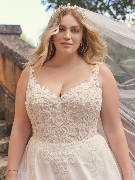 Tiffany Princess A-line Bridal Gown | Maggie Sottero Victorian Curls, Plussize Weddingdress, Jewellery Chain, Silhouette Wedding, Lace Belt, Love Is Patient Love Is Kind, A Line Bridal Gowns, Plus Size Wedding Gowns, Ivory Gown