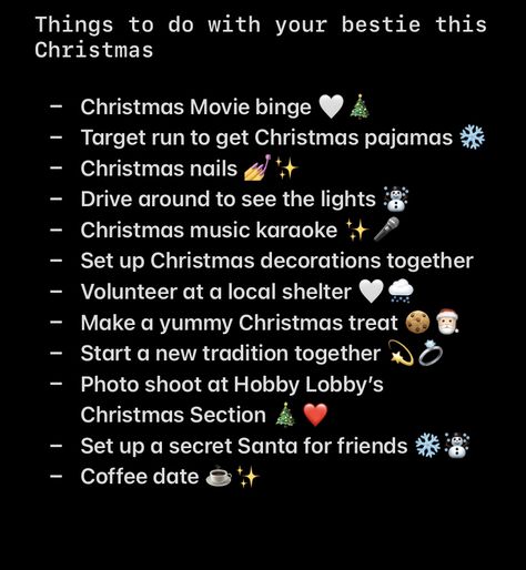 Christmas Bucket List Best Friends, Christmas Eve Bucket List, Christmas Things To Do With Best Friend, Winter Bucket List With Friends, Christmas Bucket List With Friends, Christmas To Do List With Boyfriend, Christmas With Friends Ideas, Christmas Things To Do With Friends, Bestie Bucket List