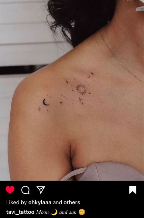 Sun Moon And Stars Tattoo Collar Bone, Spine Constellation Tattoo, Collar Bone Constellation Tattoo, Constellation Hip Tattoo, Spine And Shoulder Tattoo, Moon And Stars Collar Bone Tattoo, Constellation Collar Bone Tattoo, Sparkle Tattoo Collar Bone, Celestial Collar Bone Tattoo