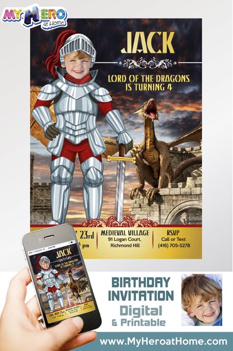 Turn your little boy into a great Knight for his unique Medieval Dragons Birthday Invitation. Knight Birthday Invitation. Dragons Birthday Invitation. Dragons theme party. Knight Birthday Ideas. Knight and Dragon Ideas. Mi kid is fan of Dragons. Medieval Knight Party. Knight themed Party. Medieval Knight themed party Also in www.myheroathome.com #dragonsbirthday #dragoninvitation #dragonsparty #knightsparty #knightsbirthday #medievalknightinvitation #medievalknightthemeparty #myheroathome Knight Party Ideas, Fantasy Invitation, Dragon Party Invitations, Neon Party Invitations, Cowboy Party Invitations, Dragon Birthday Invitations, Knights And Dragons, Sports Party Invitations, Knight Birthday