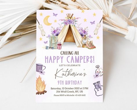 Camp Out Birthday Party, Birthday Party Sleepover, Girl Camping, Camp Party, Party Sleepover, Girl Birthday Party Invitations, 9th Birthday Parties, Camping Birthday, 10th Birthday Parties