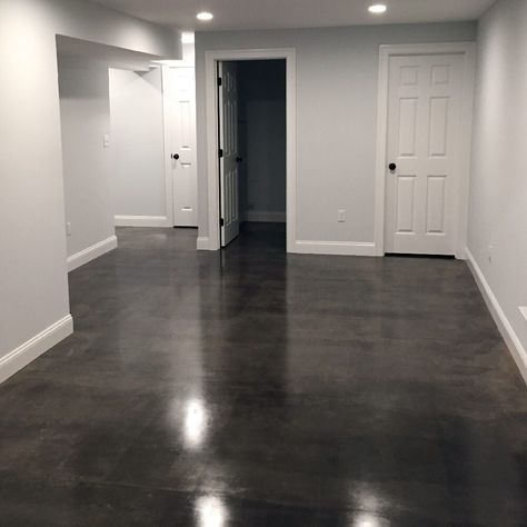 Dark Stained Concrete Floors, Stained Concrete Floors Kitchen, Concrete Basement Floor Ideas, Stained Cement Floors, Concrete Floors Bedroom, Elegant Basement, Basement Floor Ideas, Basement Redesign, Concrete Floors Living Room