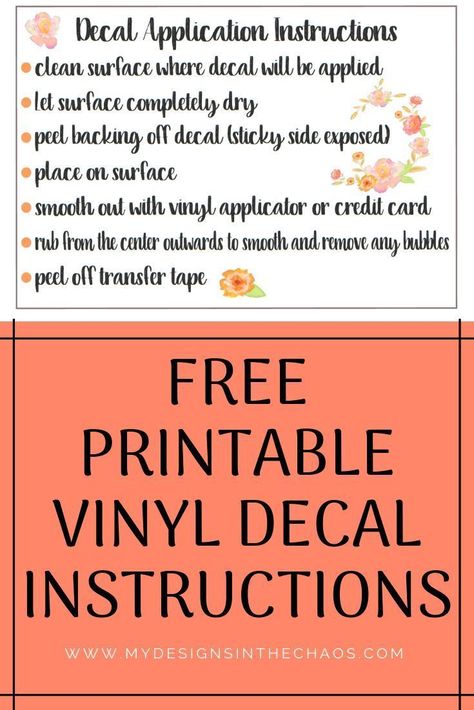 Decal Application Instructions Printable - My Designs In the Chaos  Check out 5 simple tips to be super successful when selling your vinyl decals from your Silhouette or Cricut.  Also download a free printable decal application instruction card.  It is the perfect thing to add that special touch in your orders. #silhouettecameo #bosslady #momboss #cricutmaker #cricutexploreair2 #vinyldecal #freeprintable #craftfair Decal Instructions For Customers Free, Vinyl Decal Application Instructions, Vinyl Application Instructions Printable, How To Package Vinyl Decals To Sell, Vinyl Decal Instructions For Customers, Car Decal Instructions For Customers, Decal Instructions For Customers, Cricut Binder, Decal Application Instructions