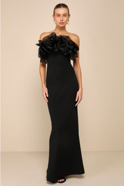 You'll be bound for endless compliments the moment you arrive in the Lulus Evening Excellence Black Ruffled Strapless Mermaid Maxi Dress! This luxurious dress has a stretchy crepe woven fabrication that shapes a strapless neckline, embellished with tiered, ruffled organza for an extravagant look. Fitted strapless bodice sits atop a high waist, all before falling to a figure-flattering mermaid skirt that ends at an elegant maxi hem with a kick pleat at the back for movement. Hidden back zipper/cl Black Matron Of Honor Dress, Italian Formal Dress, Black Tie Wedding Guest Dress Women, Black Tie Fall Wedding Guest Dress, Black Maid Of Honor Dress, Black Bridesmaid Dresses Fall, Black Tie Women, Wedding Guest Dress Long, Black Bridesmaid Dresses Long