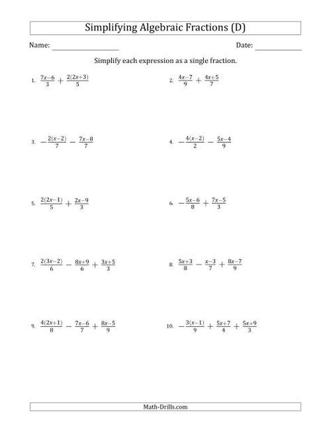 The Simplifying Simple Algebraic Fractions (Harder) (D) Math Worksheet Algebraic Fractions, Basic Algebra Worksheets, Easter Math Worksheets, Fact Family Worksheet, Thanksgiving Math Worksheets, Money Math Worksheets, Algebra 2 Worksheets, Pre Algebra Worksheets, Multiplication Facts Worksheets