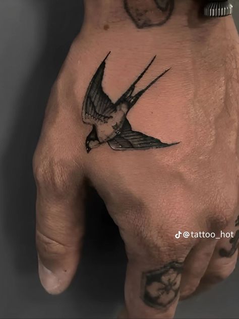 Mens Birds Tattoo, Robin Hand Tattoo, Jail Bird Tattoo, Small Men Hand Tattoos, Mens Bird Tattoo, Hummingbird Tattoo For Men, Bird Tattoo Hand, Swift Bird Tattoo, Eagle Hand Tattoo