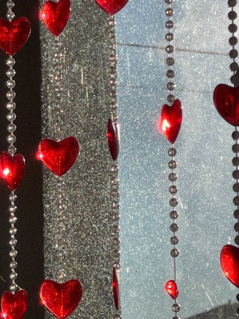 #windowdecor #curtain #beadwork #beaded Pearl Bead Curtain, Heart Beaded Curtain, Heart Curtain, Curtain Beads, Curtain Pelmet, Beaded Door Curtains, Door Beads, Red Room, Red Curtains